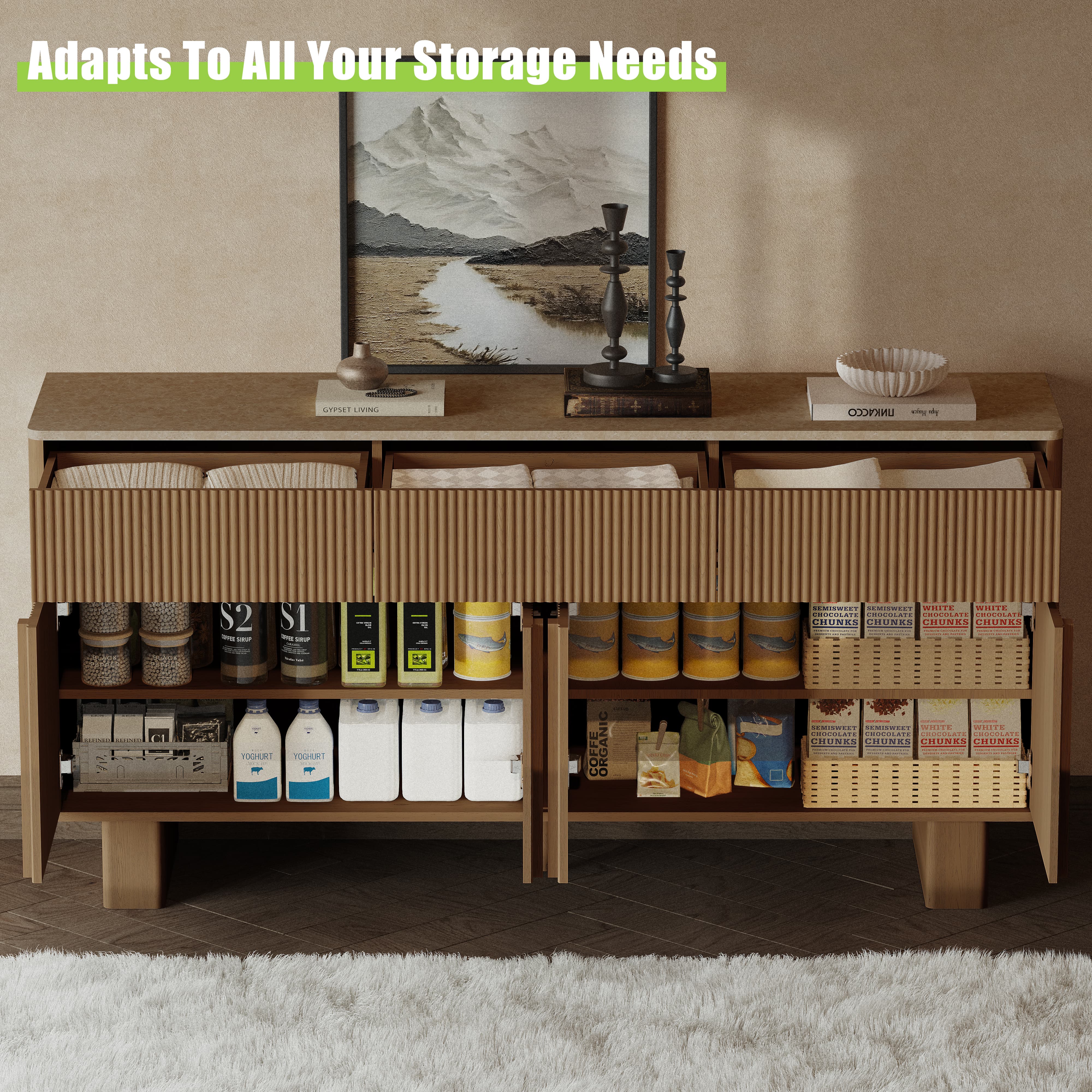 Modern Buffet Cabinet with Storage, 63" Wide Sideboard Cabinet with 3 Drawers and 4 Doors, Reinforced Wide Legs for Kitchen & Living Room, Natural Oak