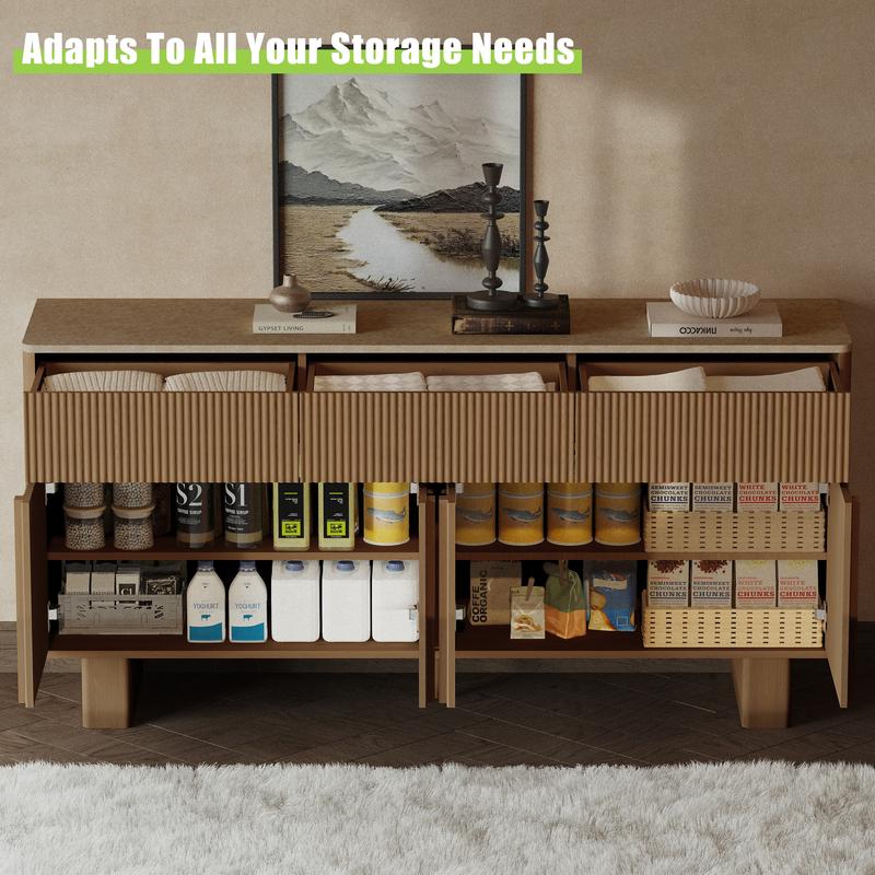 Modern Buffet Cabinet with Storage, 63" Wide Sideboard Cabinet with 3 Drawers and 4 Doors, Reinforced Wide Legs for Kitchen & Living Room, Natural Oak