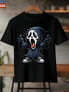 100 Percent Cotton Black T Shirt With Ghost Face Design For Adults Halloween Costume Party Wear Comfortable And Durable Graphic Tee Shirts For Men And Women