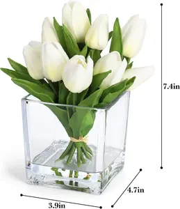 Orange Artificial Tulip Flowers with Vase, 12 Heads PU Mini Real Touch Tulip Bouquets for Home Wedding Party Centerpiece Decoration, Lifelike Faux Flowers