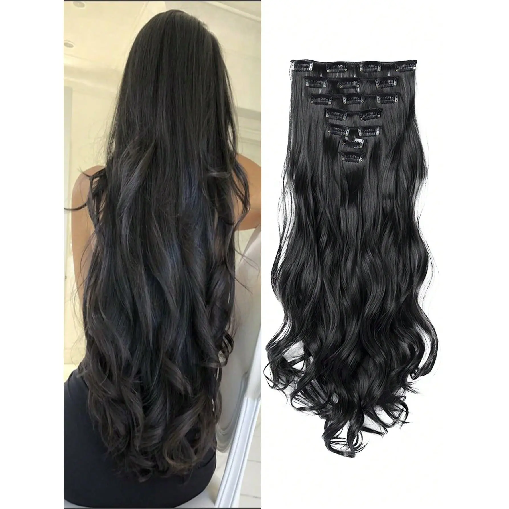 18-30 Ihes 16 Clip Black Natural Daily Long Curly Hair Extensions Seven-Piece Set For WomenFashion