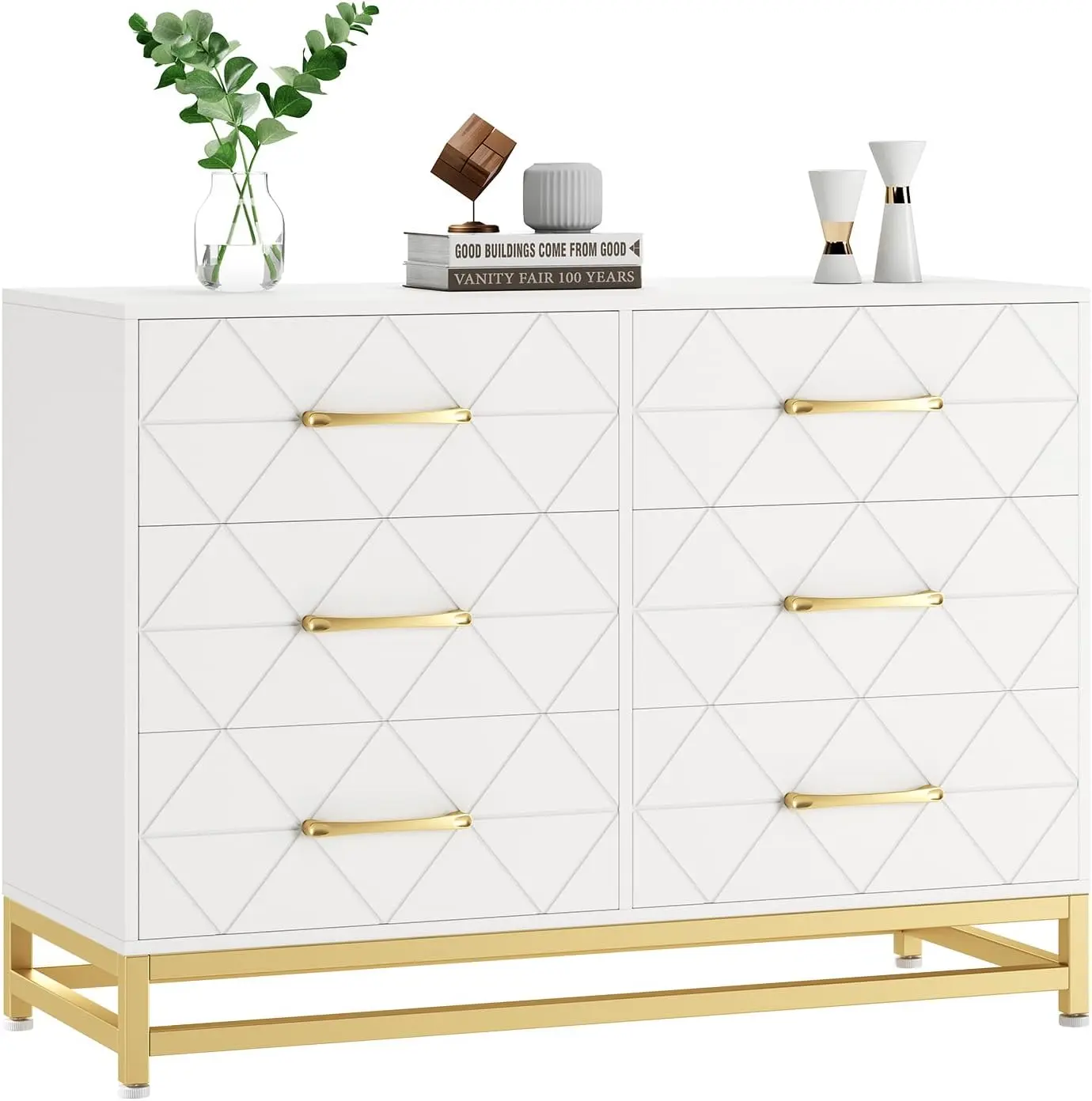 6-Drawer Sturdy Wood Drawer Chest, Durable Modern Wood Finish Clothing Storage Cabinet with Stable Base, Multi-Compartment White Indoor Furniture for Closet Storage, Clothing Storage Cabinets