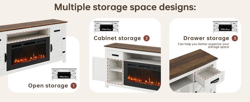 【2 Packages ship separately】oneinmil Fireplace TV Stand with Barn Door for TVs up to 80", Farmhouse 70" Fireplace Entertainment Center with Storage Cabinets, White TV Stand and Black