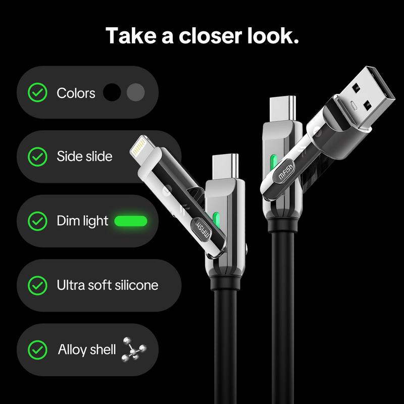 MFish Armored Dragon III 4-in-1 Multi 240W Max Fast Charging Cable with USB A Type C Lightning for iPhone 17& Samsung Laptops  Charger