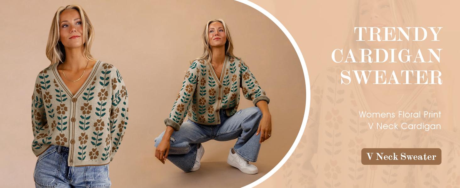 Imily Bela Womens Floral Print V Neck Cardigan Open Front Button Down Knit Sweater Long Sleeve Loose Fashion Tops