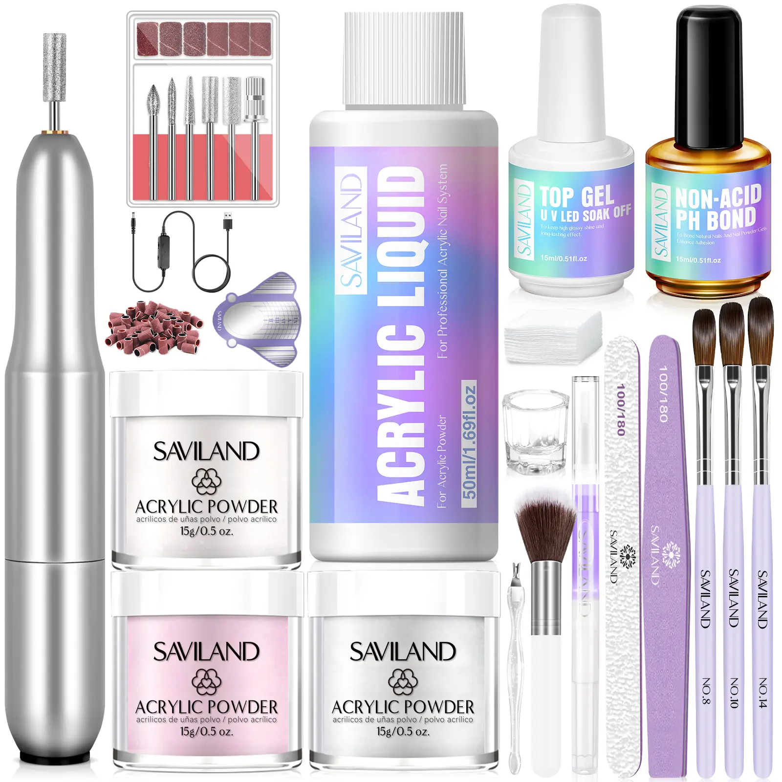 SAVILAND Acrylic Nail Kit with Drill: Professional Acrylic Powder Set (Clear/White/Pink 0.5 oz Each) with 50ml Monomer Liquid, Nail Brush, Forms & Tools, Complete Extension Kit for Beginners and Home Salon Use tiktokshopspringglowup