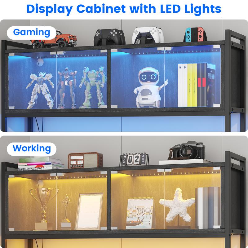 Kepptory L Shaped Gaming Desk, Home Office Computer Desk with Raised Display Stand, 2 Drawers and Glass Cabinets with LED Lights, Corner Desk with Storage Shelves, Power Outlet, Black