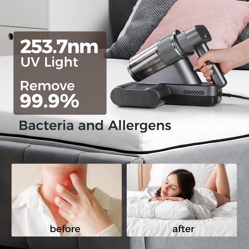 EASYERA Mattress Vacuum Cleaner for Dust Mite Cleaning, Anti-allergen Bed Vacuum with Auto UV-C Light & Heating & 20kPa Strong Suction & Dual Brushes & Triple-Cup Handheld Vacuums Cleaner for Pet Couch Sofa Bed