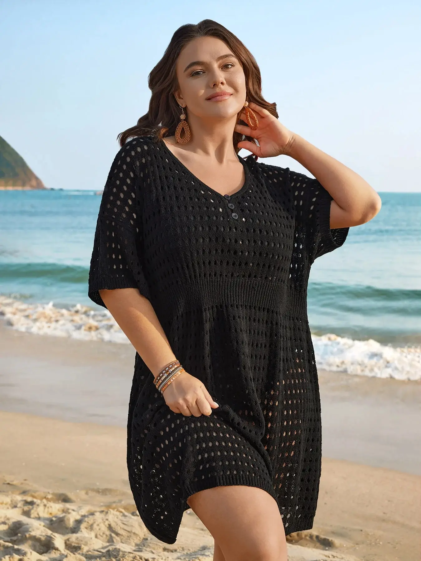 BloomChic Women's Plus Size Swimsuit Cover Up, Lightweight Mesh Cutout Beach Dress with Cinched Waist & Button Detail, M-6X, Resort Wear