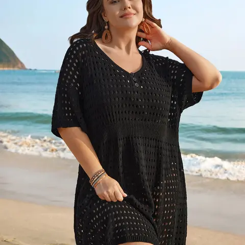 BloomChic Cut-Out Waist-Cinched Button Swim Cover-Up 【M-6XL】
