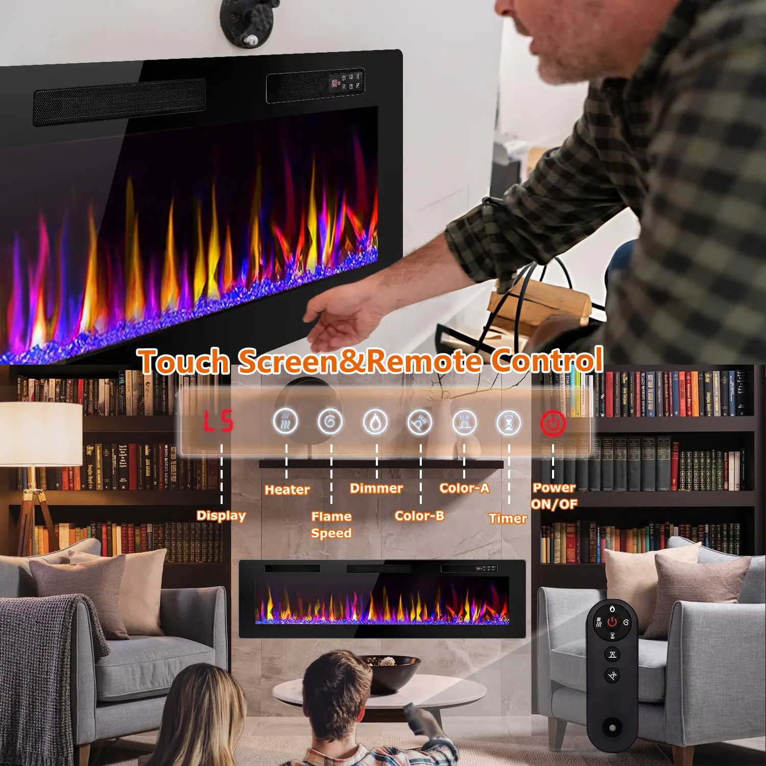 PUKAMI 72 In Ultra-Thin Silent Luminous Tempered Glass Linear Electric Fireplace - Recessed Wall-Mounted Indoor Heater, Fits 2x4 & 2x6 Studs, 12 Adjustable Flame Colors & Speeds, Touch Screen Remote Control, 8h Timer, Home, Yes, Light-Up