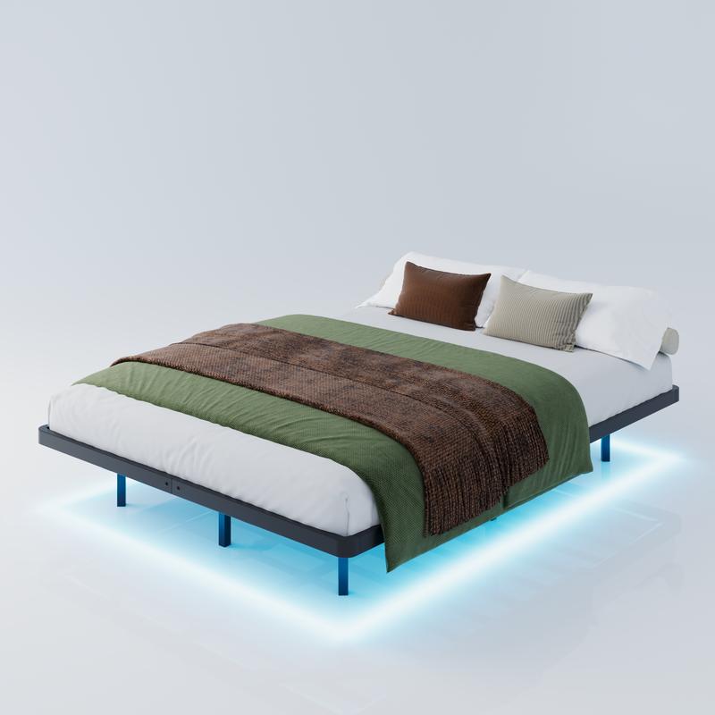 MUTICOR Floating LED Iron Bed Frame with Metal Slats【No Mattress】Headboard Outlets and Multi-Color Lighting, No Box Spring Needed, Twin/Full/Queen/King