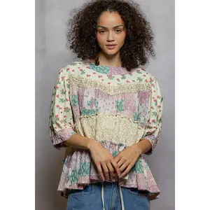 Nikki Plum Floral Pearl Ruffle Top