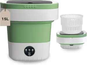 Portable Washing Machine, 15L Mini Collapsible & Lightweight Washer with 3 Cleaning Modes, Compact Laundry Solution, No Installation & Easy to Use for Baby Clothes, Underwear, Travel & Home Use (White+Green)