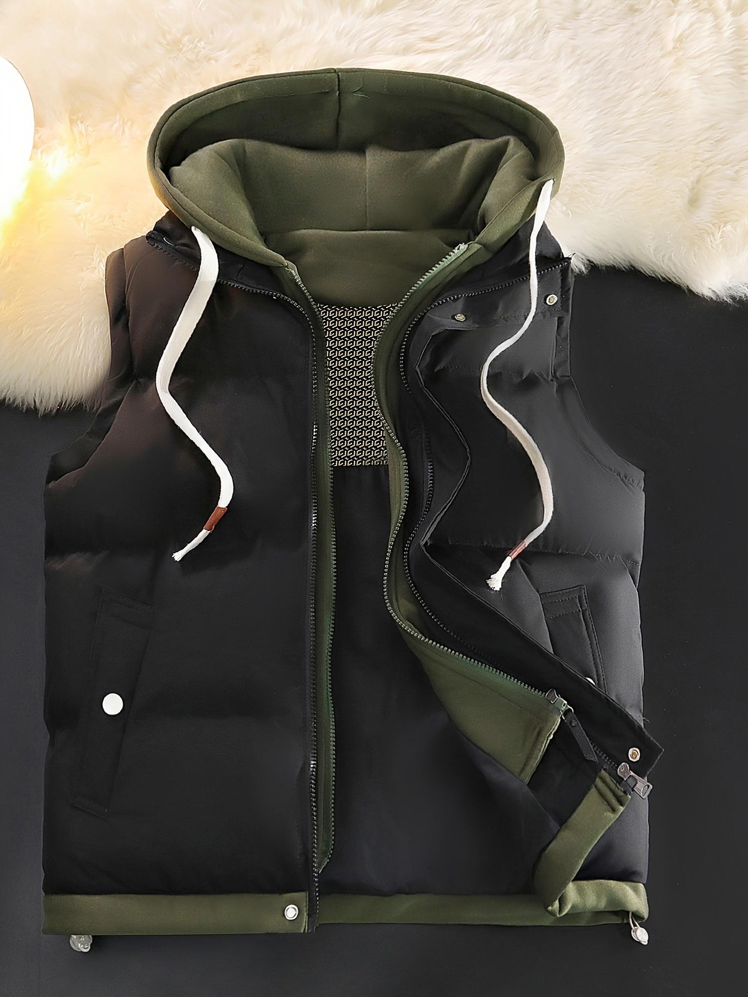 Unisex hooded vest worn as casual outdoor layer, relaxed straight fit
