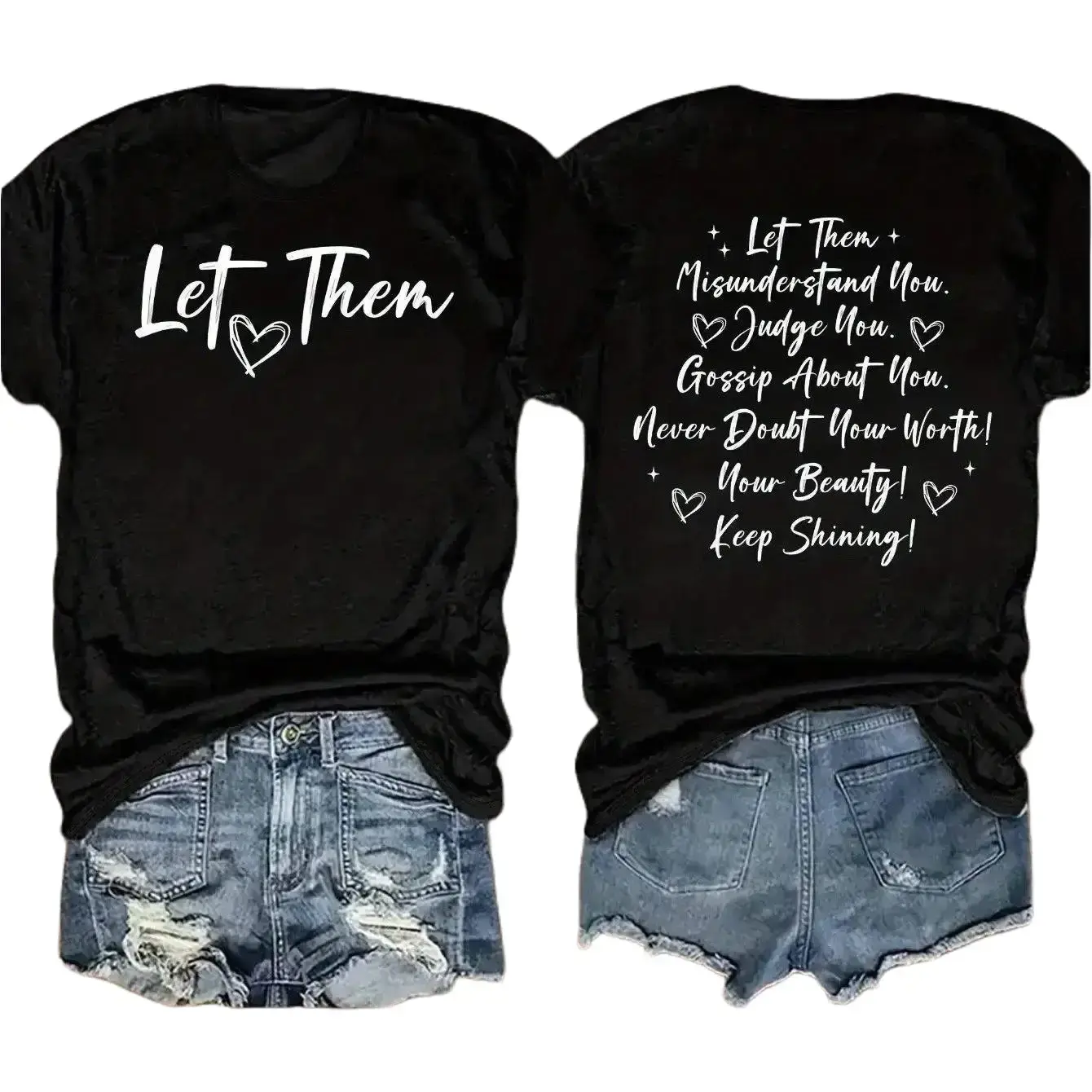Women's Inspirational Double-Sided Print Graphic Tees, Short Sleeve Round Neck Casual Wear, Breathable Fabric Loose Fit Sports Top, S-XXXXXL, Short Sleeves