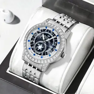 Men's Watch with Starry Sky Dial Silver and Rose Gold  Luxury Business Dress Diamond Waterproof Luminous Twelve Zodiac Signs Design Men's Wristwatch