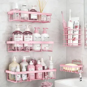 Whimsical Little Shop Bathroom Storage Shower Storage 5-Piece Set Self-Adhesive Stainless Steel Shelf No Drilling Required Rust-Resistant Pink Bathroom Decor Accessories for Shampoo & Body Wash