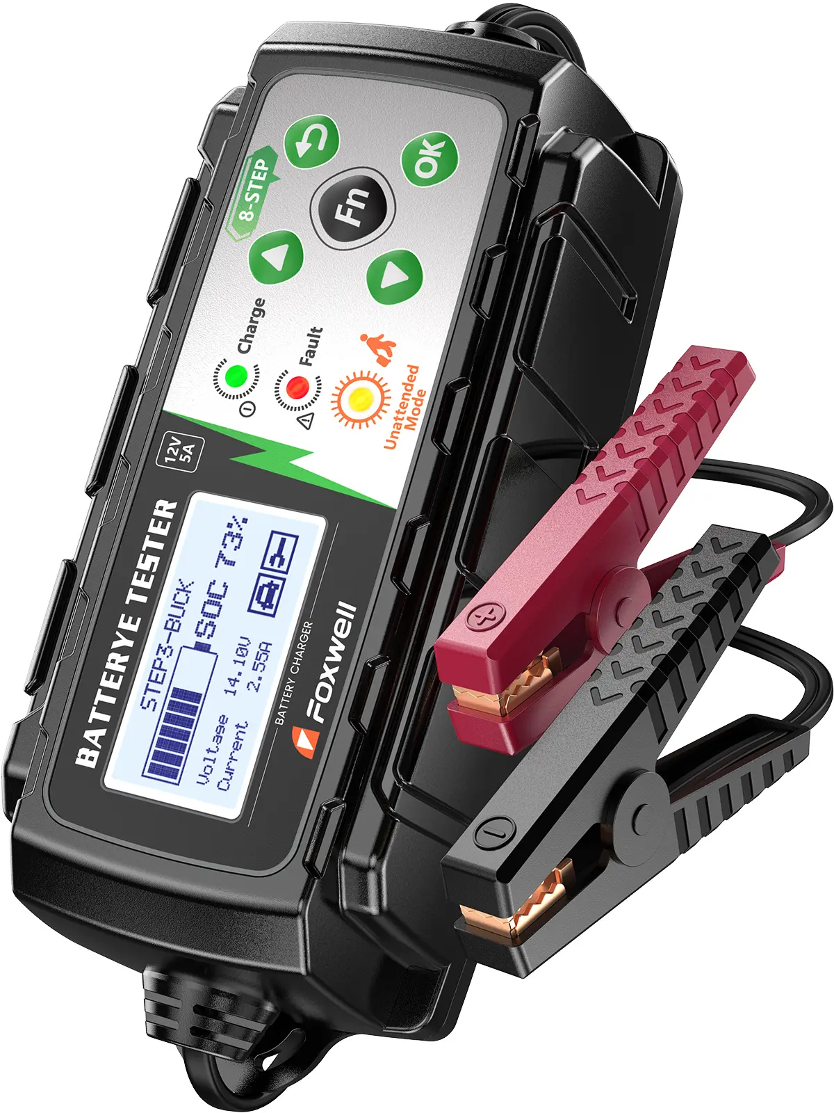 FOXWELL BC521 4-in-1 Compact Handheld Plastic Clamps Car Battery Checker - 4-in-1 Charger, Starter Aid, Maintainer with 8-Stage Charging, LCD Display, Pulse Repair, 6 Built-in Protections, IP65 Rated, Live Data Stream, Voltage & Battery Testing, Built-In,