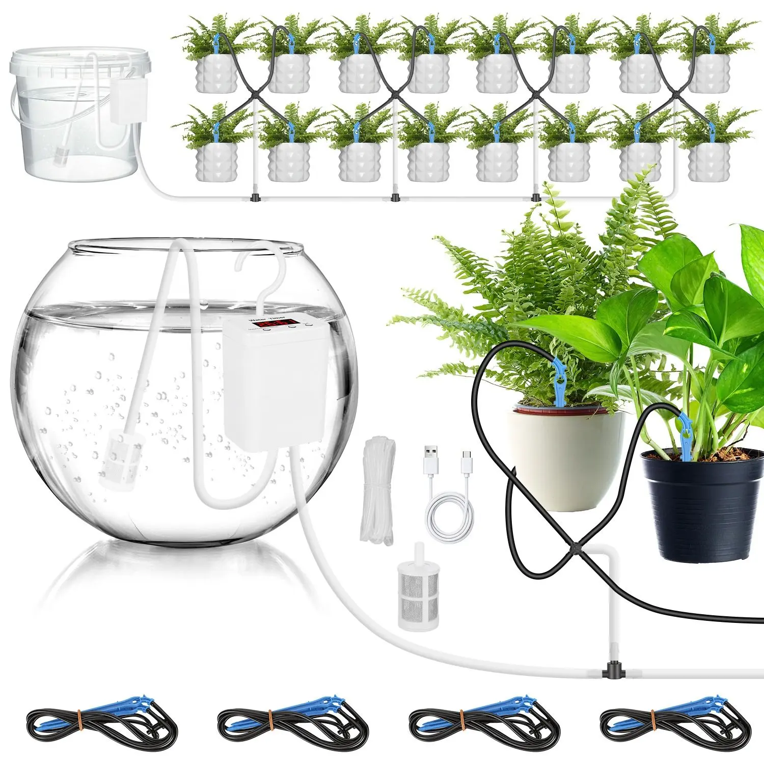Automatic Plant Watering Device Indoor Drip Irrigation System with LCD Display Rechargeable Plant Watering Device Adjustable Timer for Up to 16 Drip Arrows Vacation Self Watering System for Houseplant