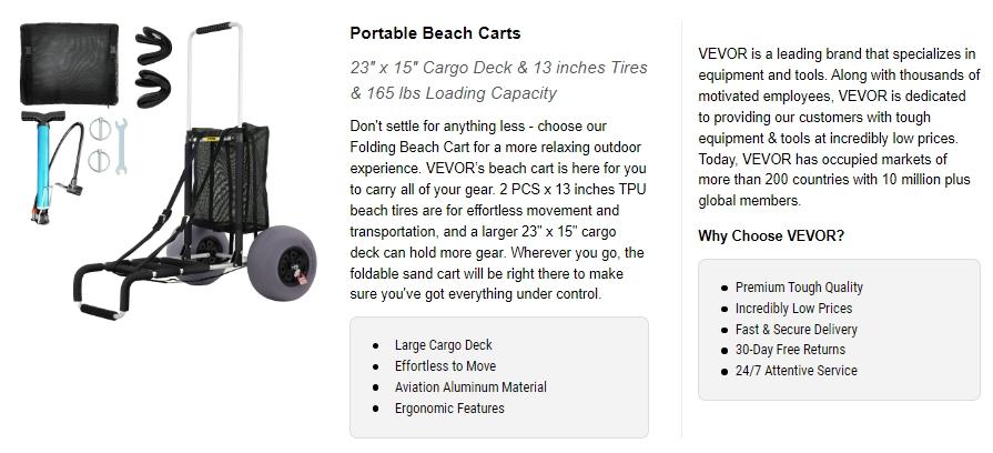 VEVOR Beach Carts for Sand, TikTokShopBlackFriday, 23" x 15" Cargo Deck, w/ 13" TPU Balloon Wheels, 165LBS Loading Folding Sand Cart & 33.1" to 51.6" Adjustable Height, Aviation Aluminum Cart for Picnic, Fishing, Beach