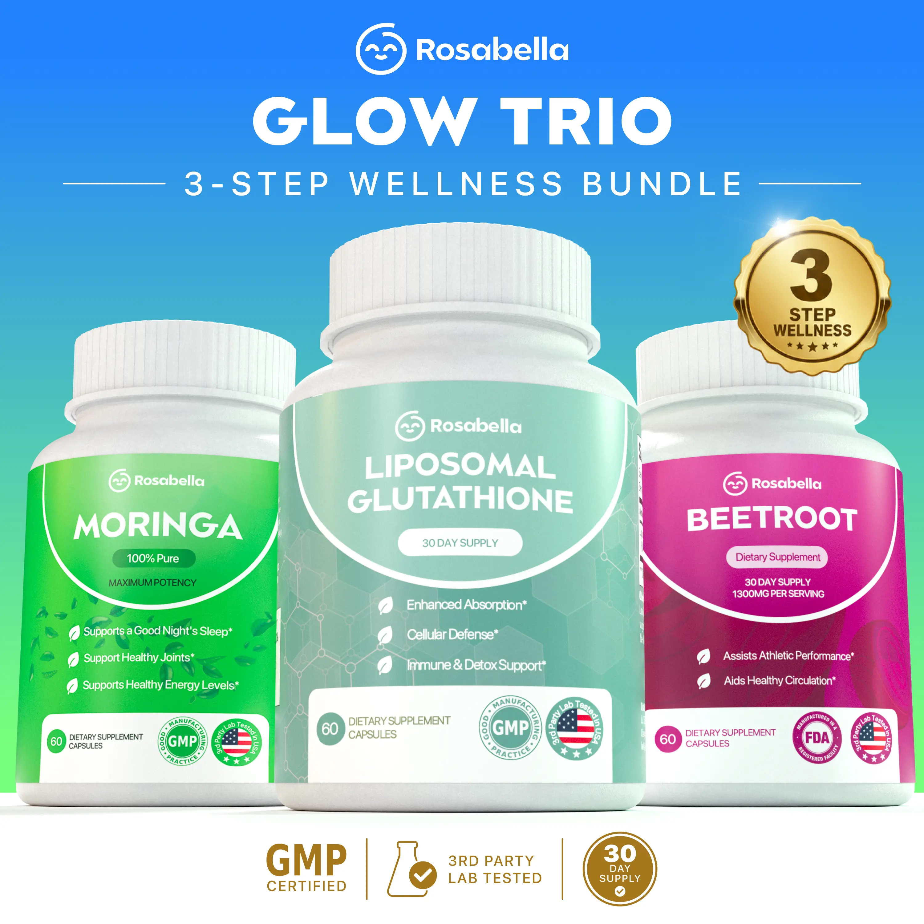 Rosabella Glow Trio Bundle – Liposomal Glutathione, Moringa & Beetroot Capsules | 3-Step Wellness Routine | 30 Day Supply