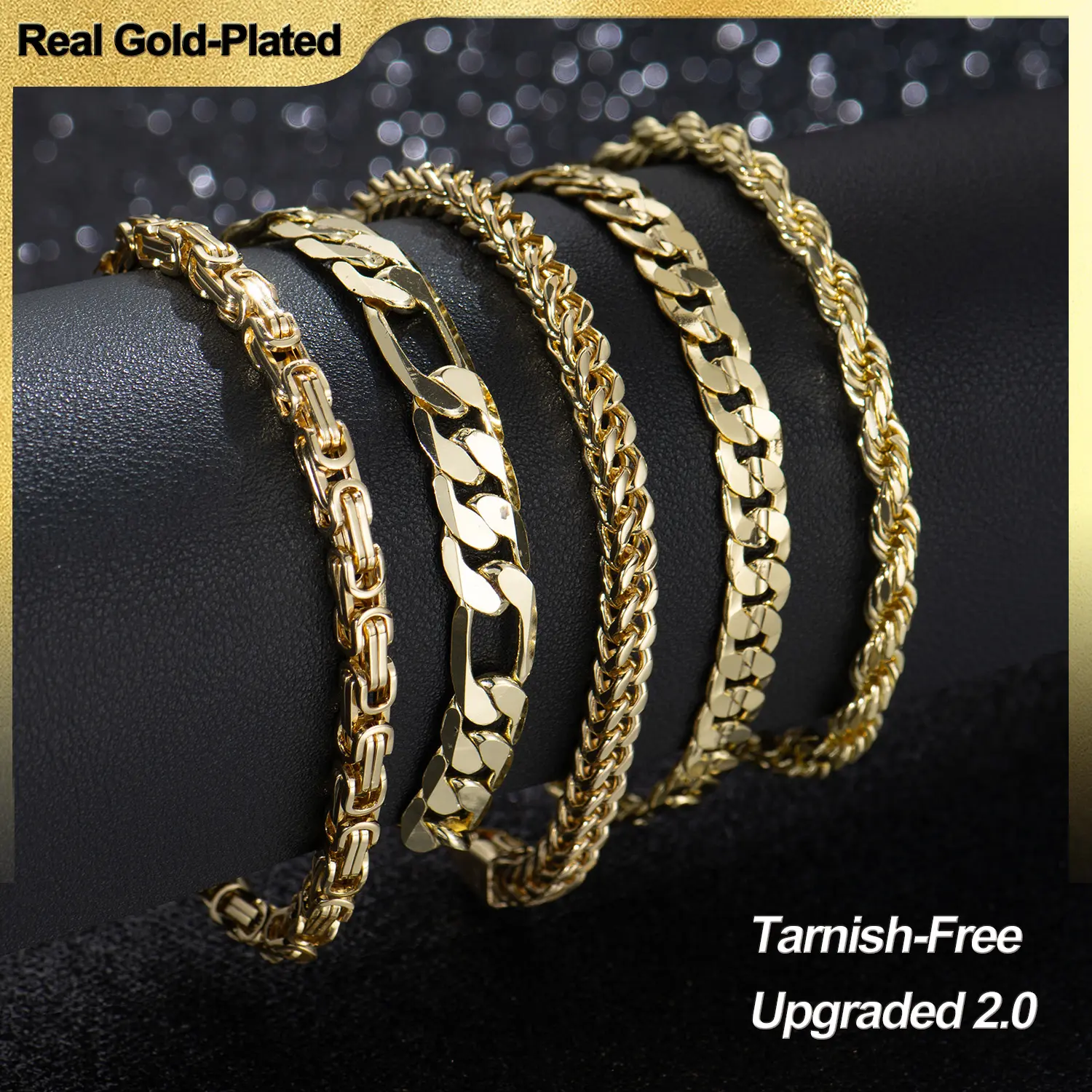 Holylegend 14K Gold-Plated Rope, Figaro, Cuban Concave, Franco, Byzantine Bracelet, Twisted cable bracelet,Elegant jewelry bracelet, 8" Length, 6 mm/8 mm/10 mm Width,Diamond Cut,Father's Day Gift