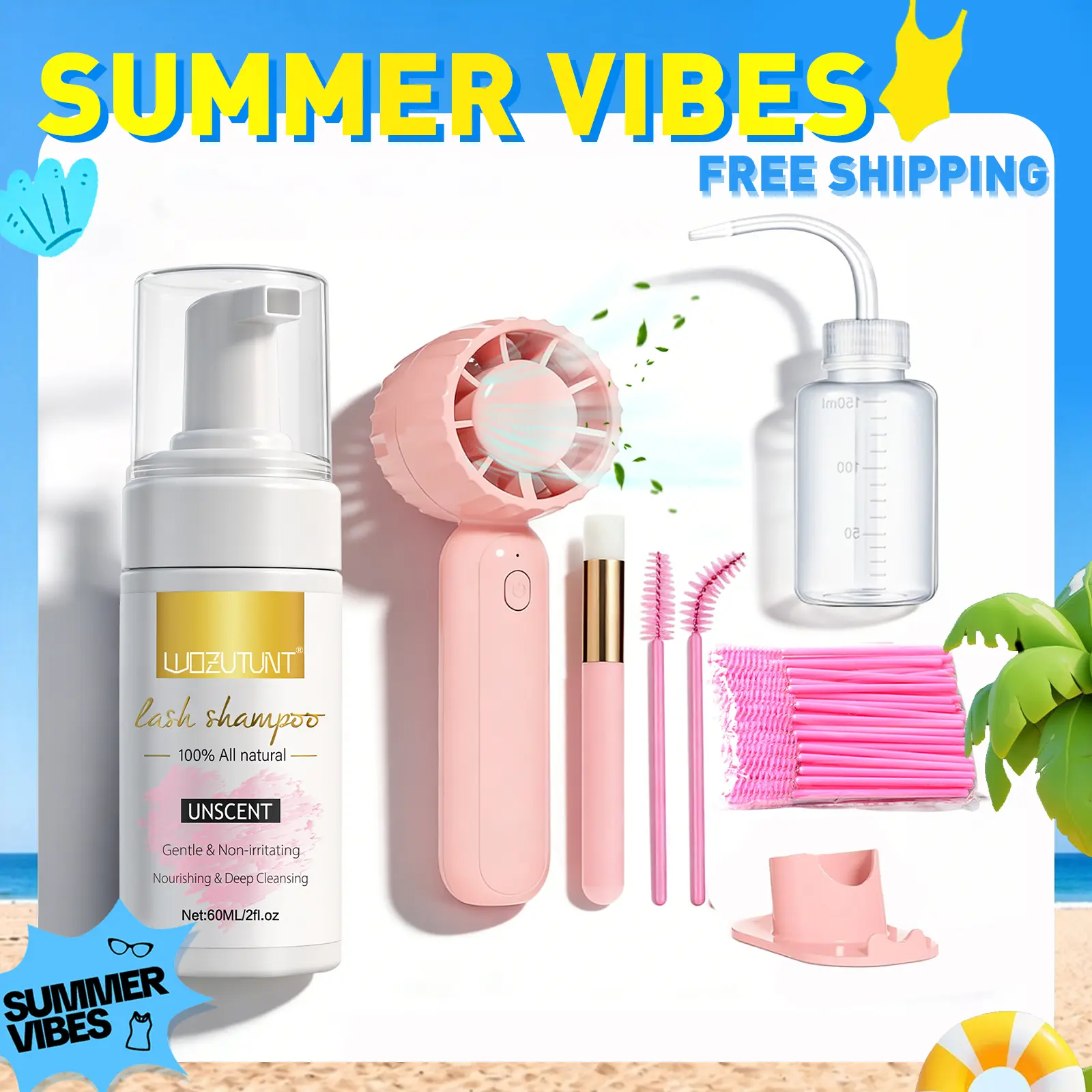 【SUMMER VIBES】3.38oz Lash Shampoo Kit for Eyelash Extensions & Gentle Mousse Cleanser & Mini Pink Handheld Fan - Easy for Beginners & Makeup Care