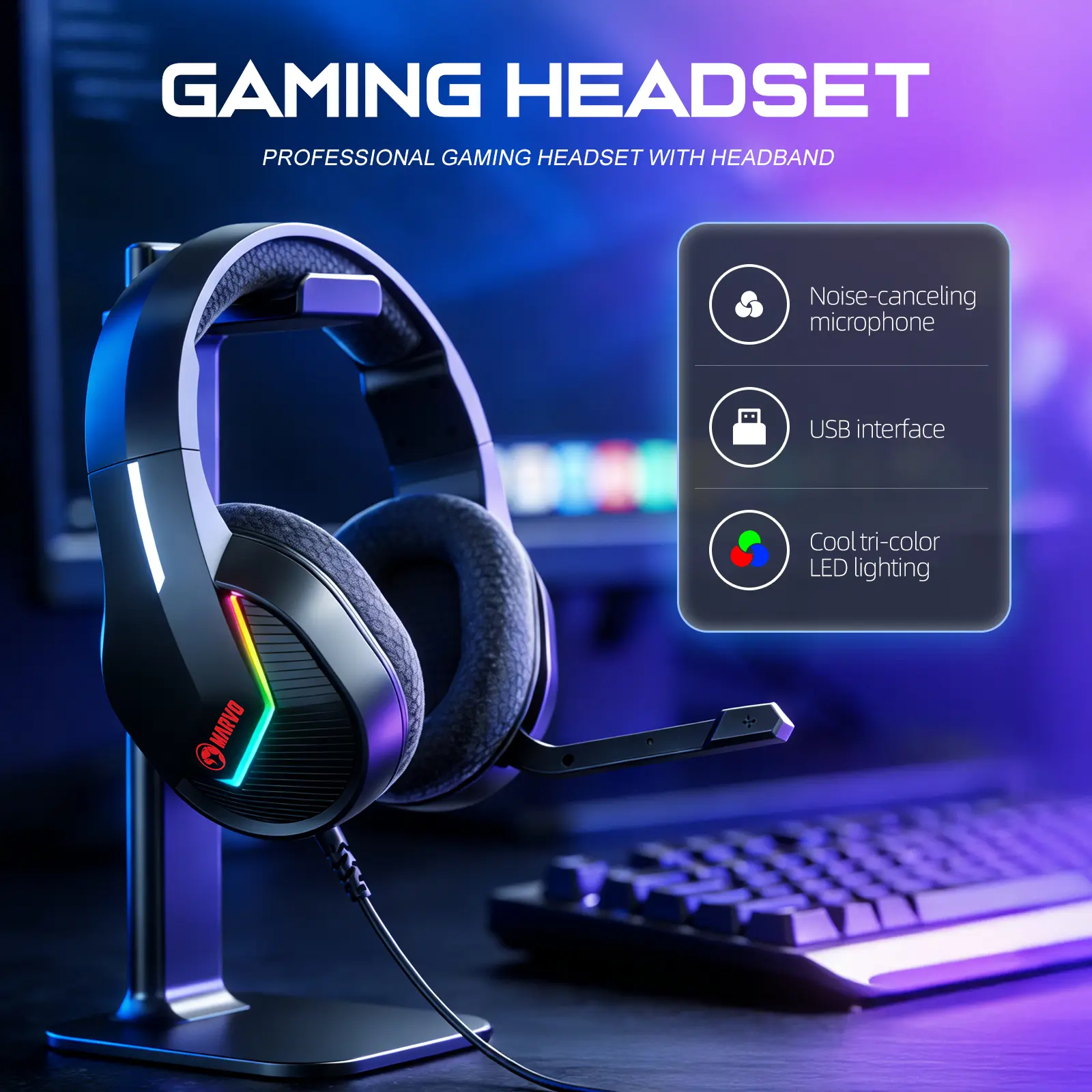 High-Sensitivity RGB Gaming Headset - USB 2.0, 50mm Drivers 114dB, Fabric Cushions, In-Line Volume & Mic Control, 2m Braided Cable, Static RGB Light for PC Gamers/Online Team Play/Home Gaming,back to school,back to school haul