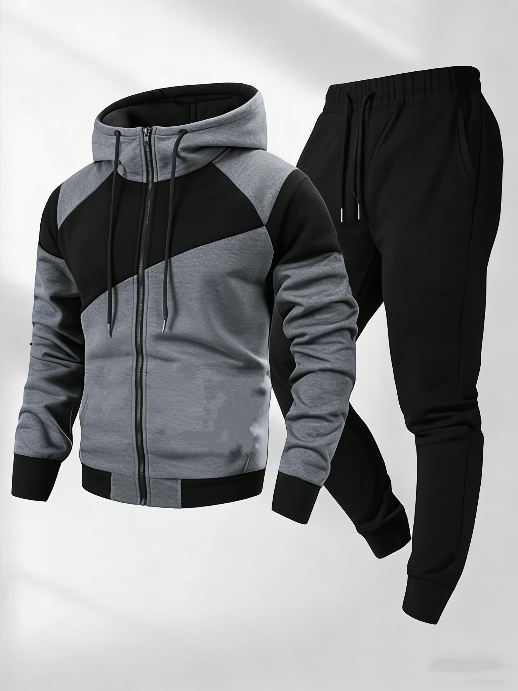 2026 American Style Men's Patchwork Hooded Sweatshirt Set Casual Sports Zip-Up Jacket Two-Piece Outfit