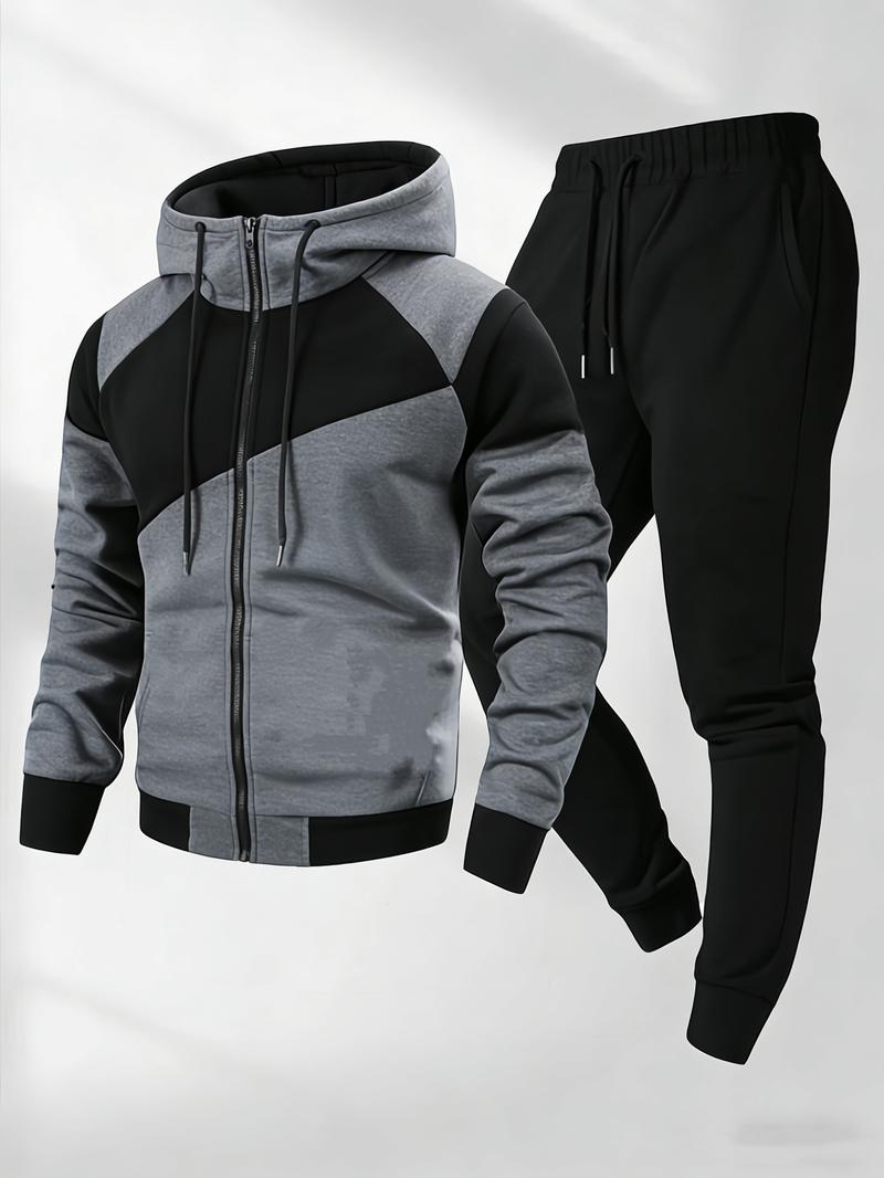 2026 American Style Men's Patchwork Hooded Sweatshirt Set Casual Sports Zip-Up Jacket Two-Piece Outfit
