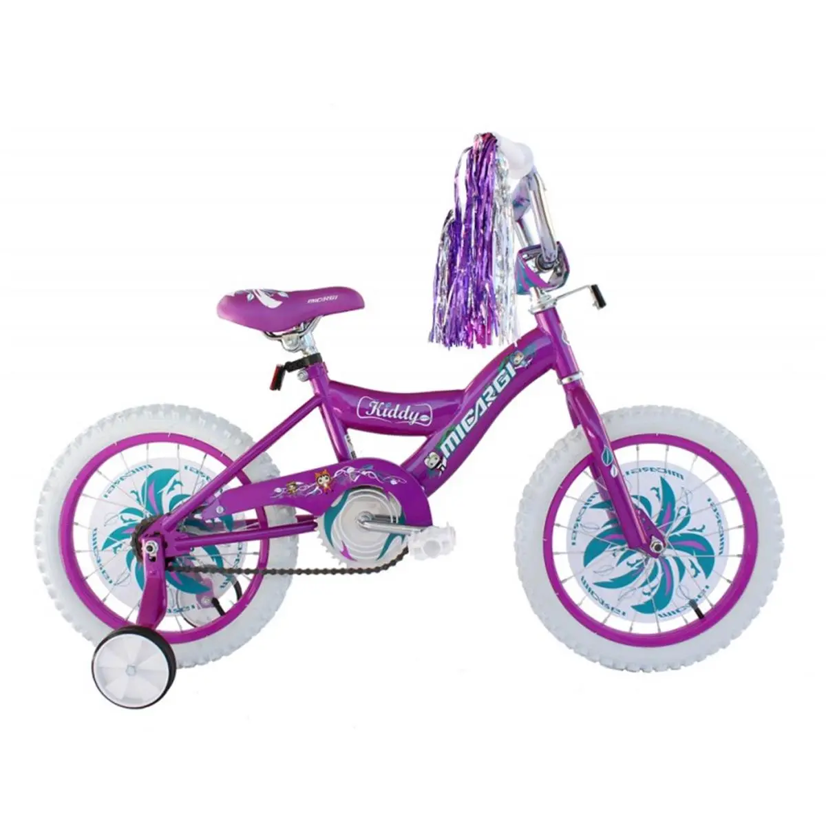 Micargi Girls' 16-in BMX Training Bike, High-Tensile Steel Frame, Training Wheels, Coaster Brakes, Padded Seat, Box Handlebars, Streamers, Purple Front & Rear Rims