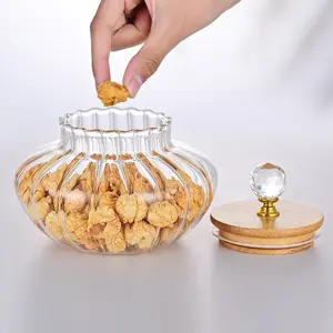 Decorative Glass Pumpkin Jar with Wooden Lid & Crystal Knob Ribbed Glass Storage Canister for Candy Cookies Bathroom Vanity Kitchen Counter Aesthetic Home Decor Bottles Tin Organiser