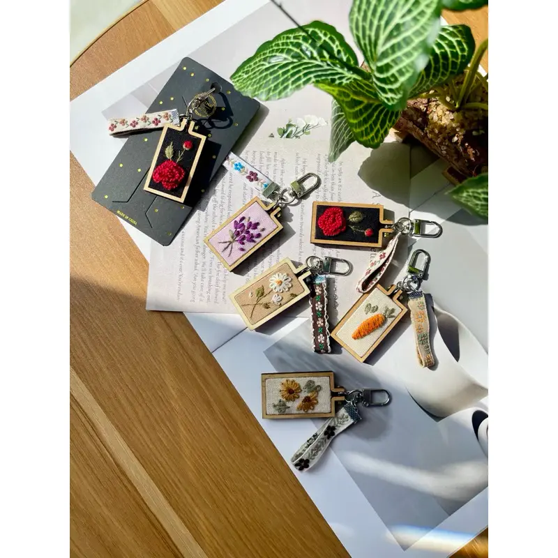 [NEW] Cute Handmade Embroidered Wooden Keychain | Hand-Stitched Wood Keyring Charm