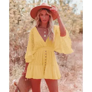 Summer New Women's Lace Stitching Batwing Sleeve Dress Boho Floral Batwing Mini Dress