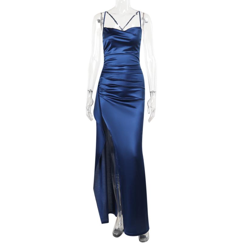 YL24531DGO-Womens Pleated Satin Evening Dress Elegant Split Maxi Formal Gown for Wedding Guest Prom Season Sexy Spring Party and Summer Gala