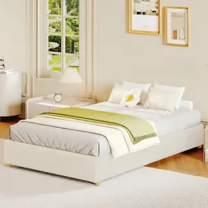 Twin Cloud Bed Frame, Corduroy Soft Fabric Low Bed Frames with Solid Wood Round Legs, Platform Bed Without Headboard, No Box Spring Needed, Beige