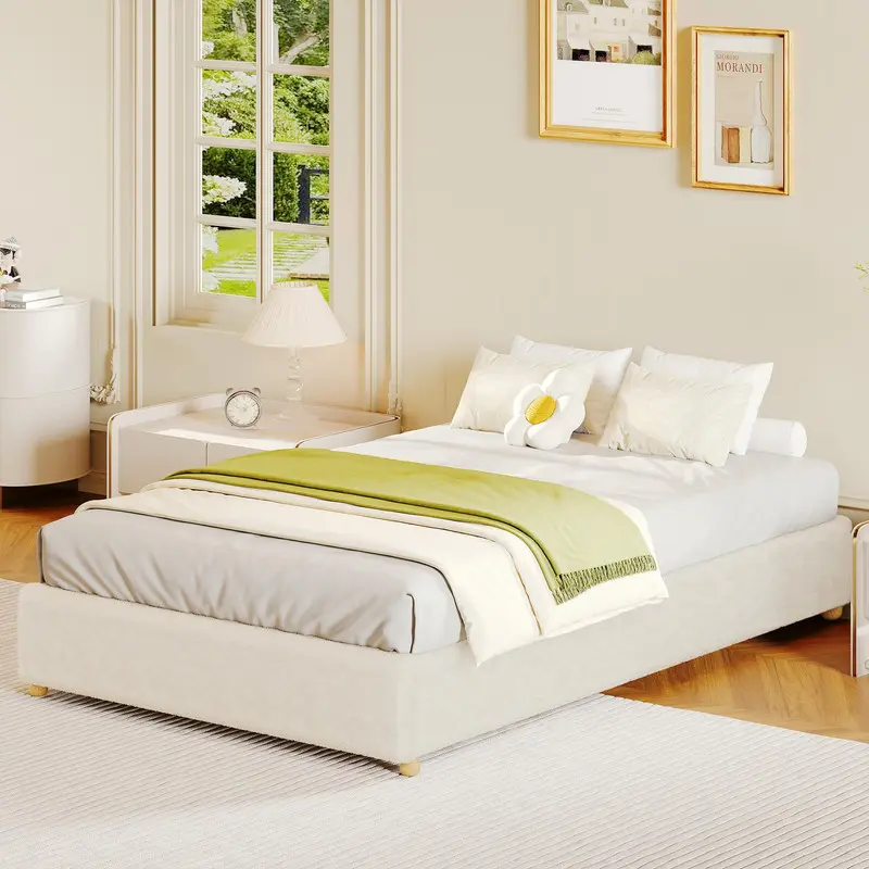 Twin Cloud Bed Frame, Corduroy Soft Fabric Low Bed Frames with Solid Wood Round Legs, Platform Bed Without Headboard, No Box Spring Needed, Beige