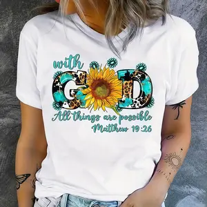 [100% Cotton] Sunflower Print Crew Neck T-shirt, Short Sleeve Casual Top for Summer & Spring, Women's Clothing, Leisure Style, Xia  Golf Gift T-Shirt For Men and Women Sweatshirt Round Neck