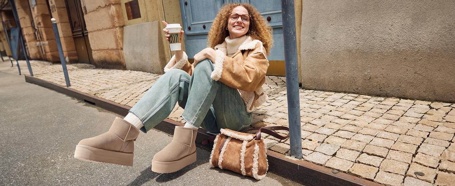 Dream Pairs DIY-Bow Platform Snow Boots – Splash-Proof Suede, Faux-Fur Lining, Memory-Foam, Anti-Slip Sole