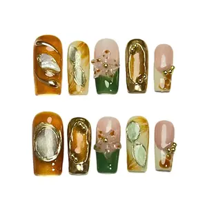 Moonovate - VIRIDITY 10pcs Handmade Press On Nails Square Nails REUSABLE 3D Gel Fake Nails Acrylic Press On Nails											