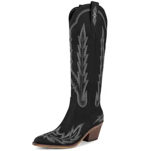 RONILURN Womens Knee High Cowboy Boots Embroidered Western Cowgirl Boots Pointed Toe Chunky Heel Pull-On Fringe Country Concert Festival Outfit