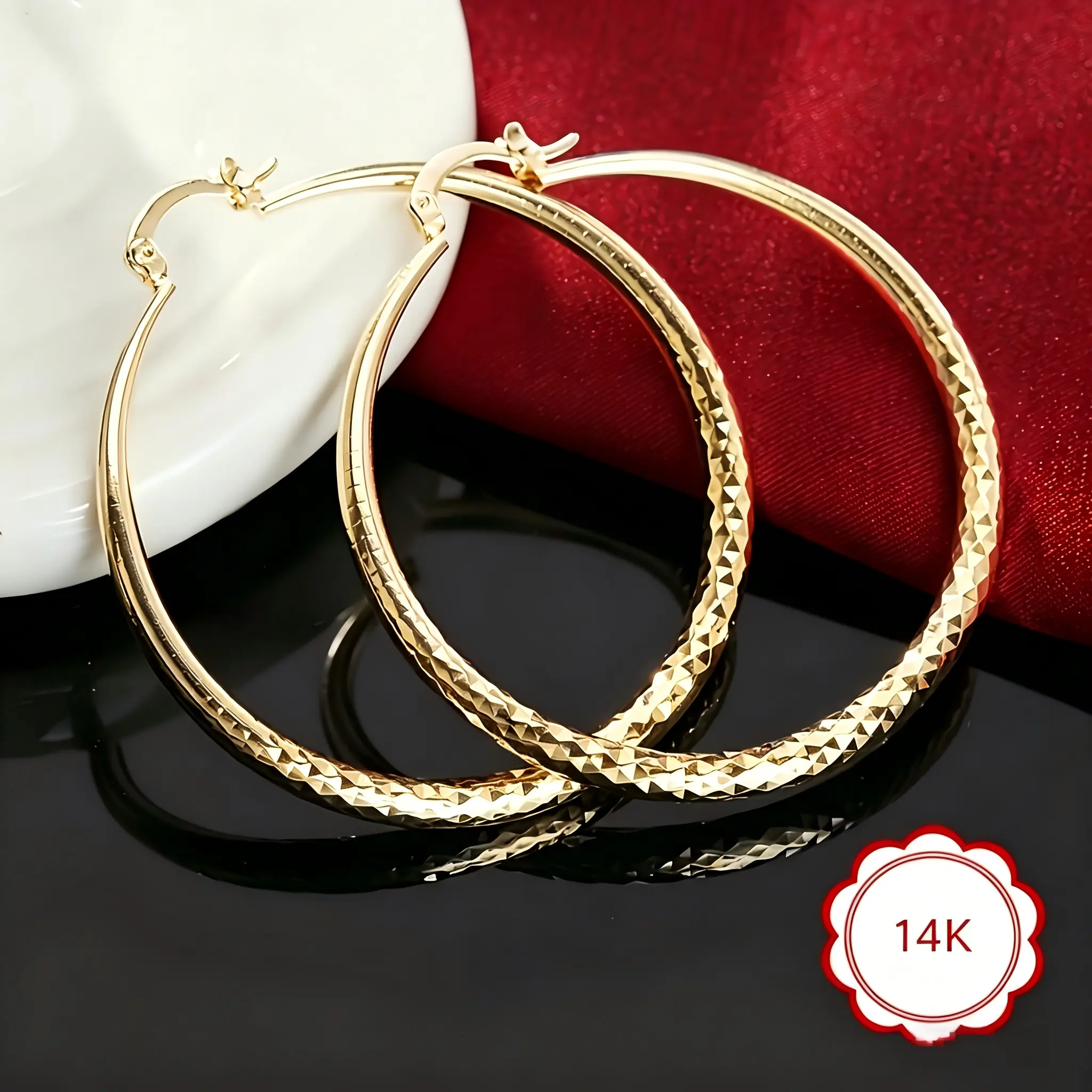14K Gold Hoop Earrings for Women, Sparkling Diamond-Cut Textured Huggie Hoops, Hypoallergenic Click-Top Earrings for Sensitive Ears