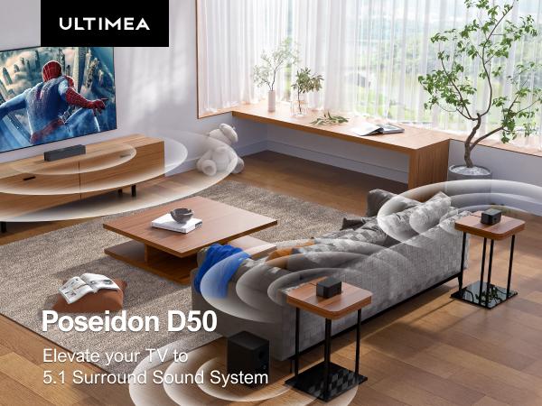 ULTIMEA Poseidon D50 5.1-Channel Sound Bar: 320W Peak Power, 2 Surround Speakers, Bluetooth Subwoofer. Ideal for Smart TVs, Home Theaters & PC Gaming. Comes with Smartphone-Controlled Cinematic Remote. Springtok