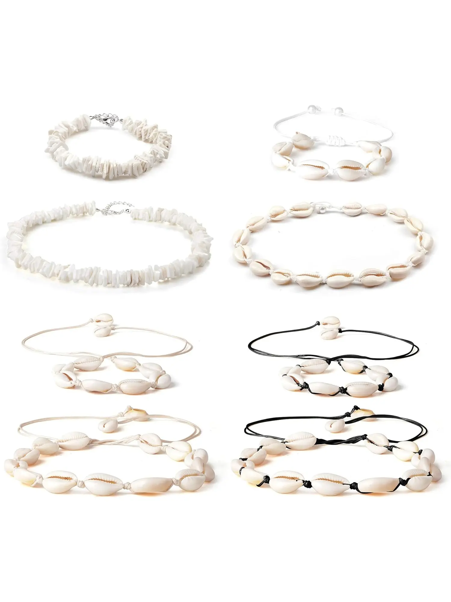Natural 8 Pcs Stylish Vintage Fashion Jewelry Set Shell Chokers Necklaces Anklets for Women Men Chips Cowrie Puka Vsco Clam Cord Waikiki Summer Beach Adjustable Necklace Bracelets Ankle Body Set Fashionable Jewelry Set