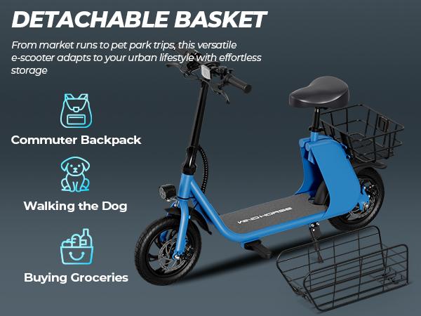 Windhorse C2-Cargo Electric Scooter with Seat Basket, 12.5'' Electric Commuting Scooter Adults 15.5MPH & 20 Miles Long Range, 450W Motor, Dual Disc Brakes, Foldable E-Scooter with Comfort Seat for Pets & Cargo, 265LBS Load