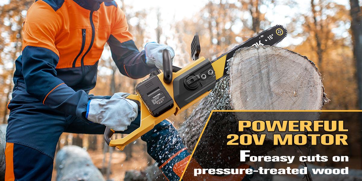 TANLOOK 16 Inch Cordless Chainsaw, 20V Brushless Electric Chainsaw with 2 Batteries, Safety Switch & Dust Baffle for Tree Felling, Wood Cutting, Pruning & Firewood