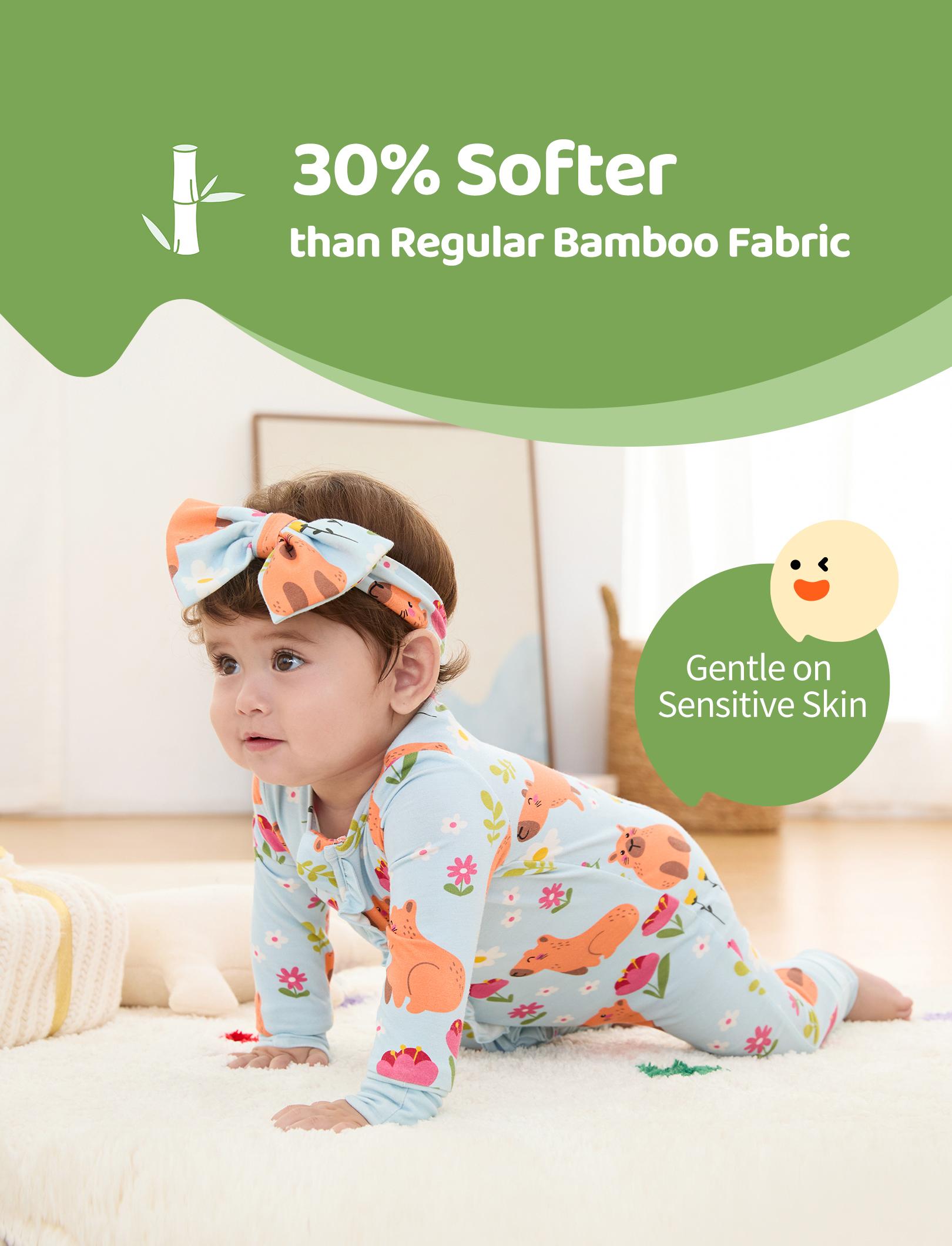 Bamboo Baby Boy/Girl Animal Printed 2-Way Zipper Anti Slip Long-sleeve Footie with Hairband Pink & Blue Floral Design