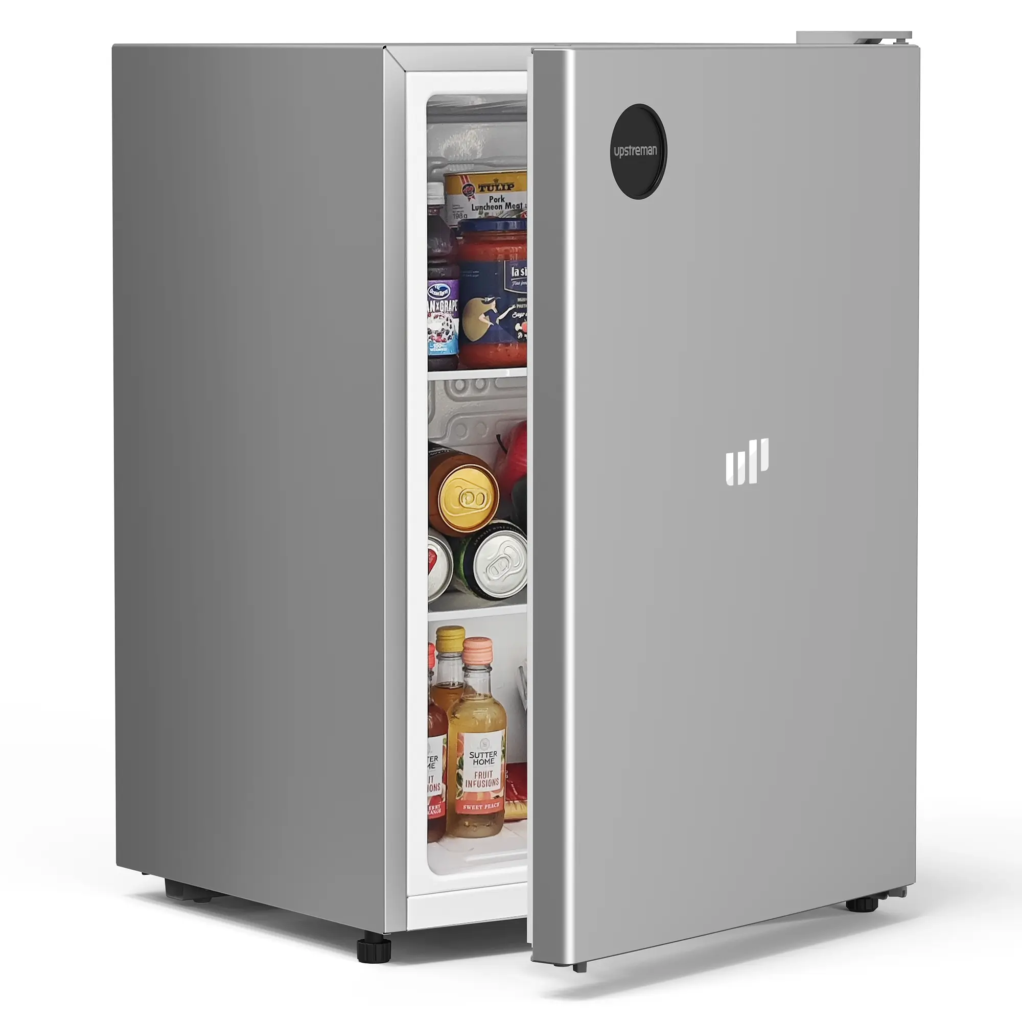 Upstreman 2.5 Cu.Ft Sleek Stainless Steel Compact Mini Fridge (CR26) - Energy Star Certified, led lights, Adjustable Thermostat, Reversible Door, Door Bins for Office, Dorm