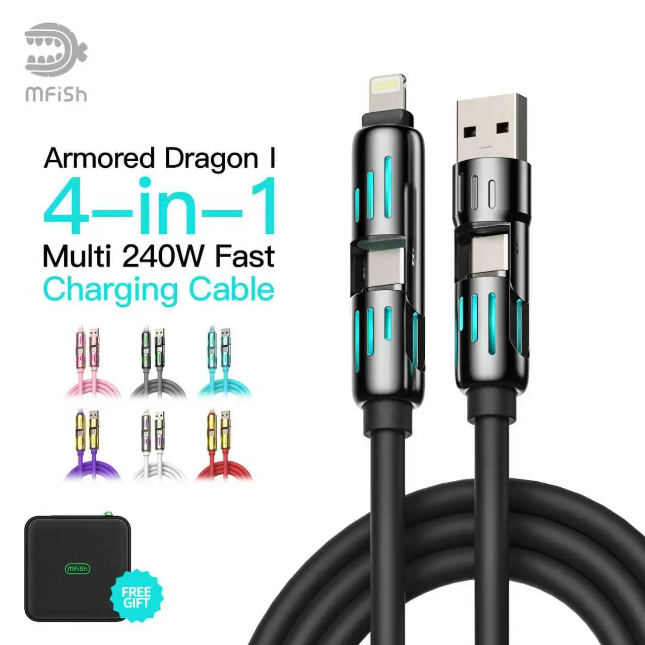 MFish 4-in-1 Durable Fast Charger Soft Liquid Cable - 240W Multi-Connector Charging Cable with USB-A, Type-C, Lightning for iPhone17, Samsung Smartphone & Laptops (Electronics Accessories), Cellphone, Device
